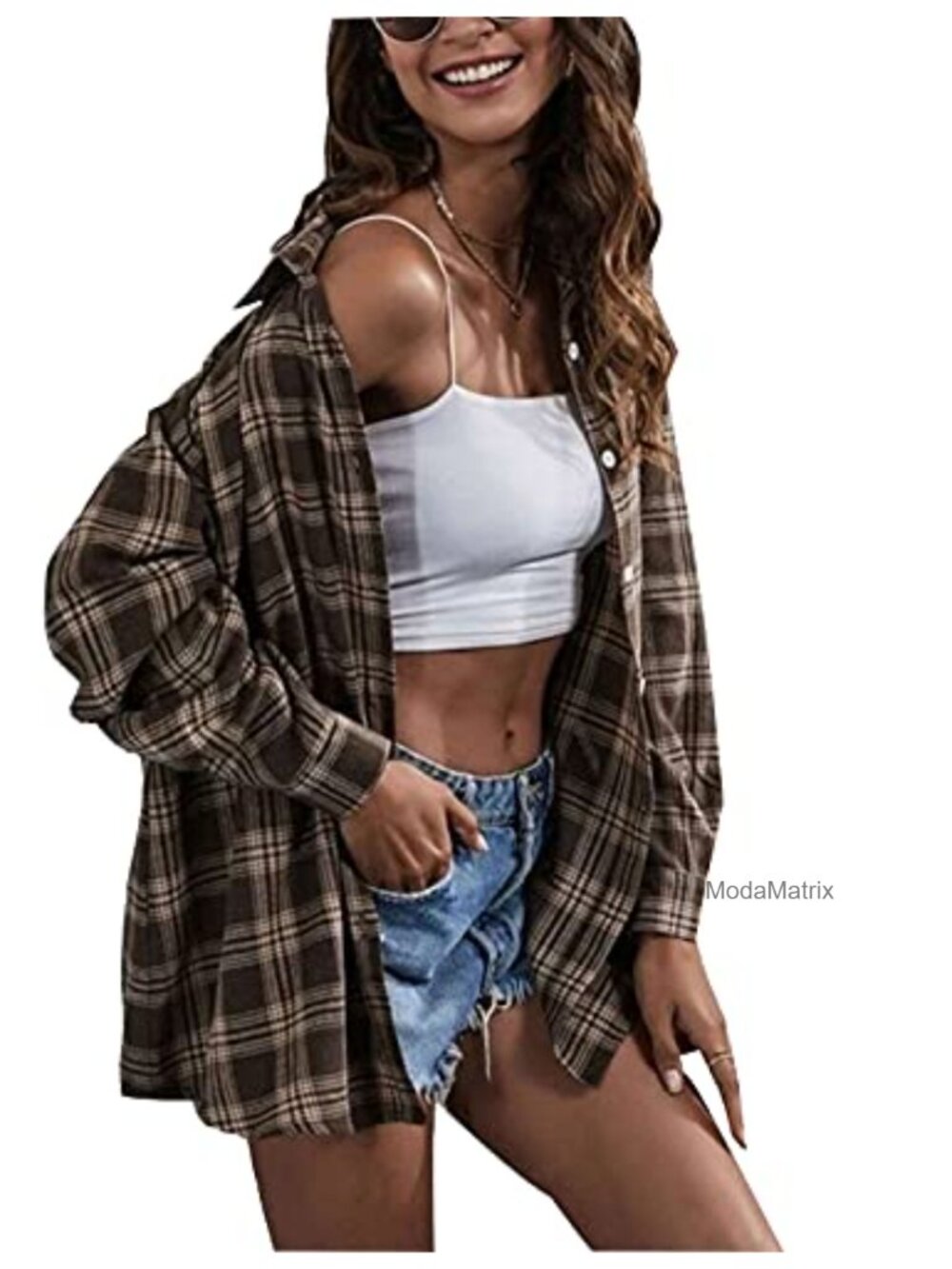 Oversized Flannel Plaid Button Down Shirt Drop Shoulder Long Sleeve